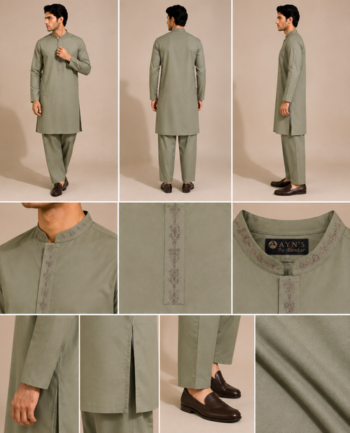 Sage Green Embroidered Premium Cotton Kurta Shalwar Set