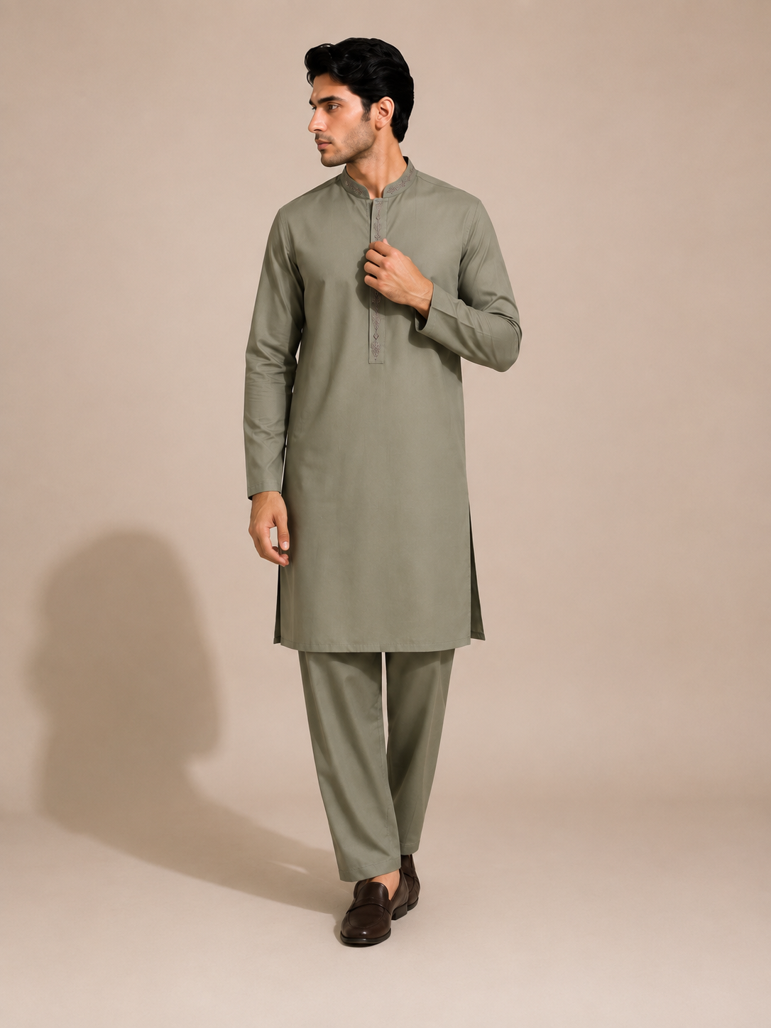 Sage Green Embroidered Premium Cotton Kurta Shalwar Set