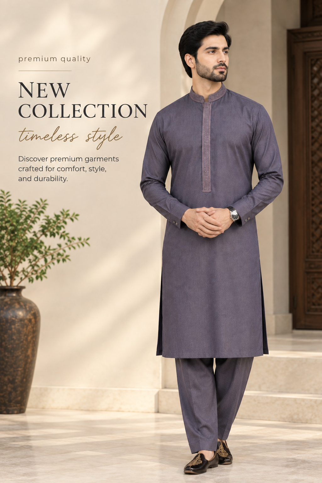 Premium Embroidered Kurta shalwar/pyjama with Textured Collar & Patti
